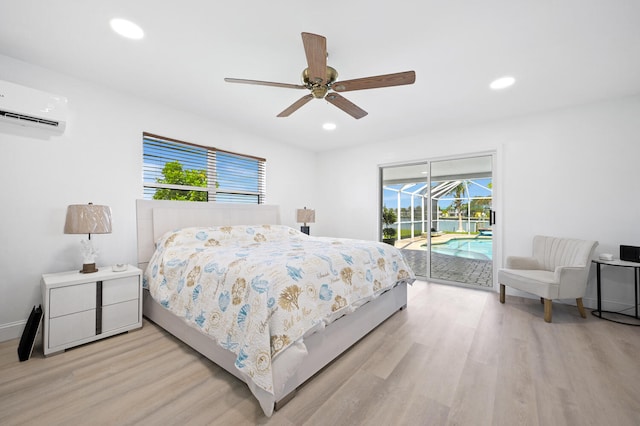 bedroom with access to outside, light wood-type flooring, ceiling fan, and multiple windows