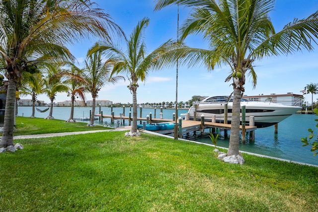 dock area featuring a water view and a lawn