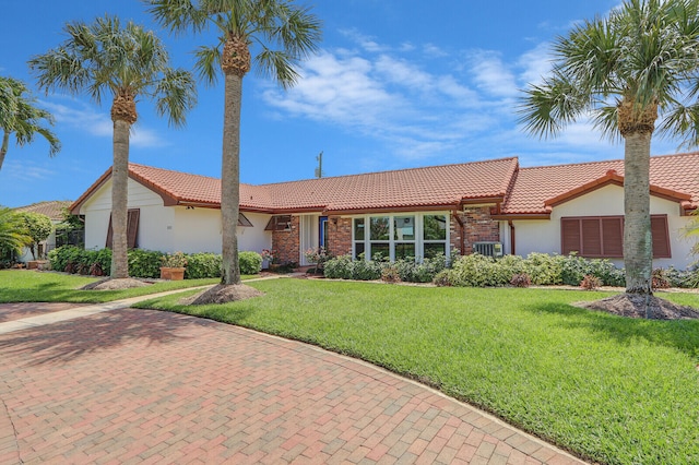 ranch-style house featuring central AC and a front lawn