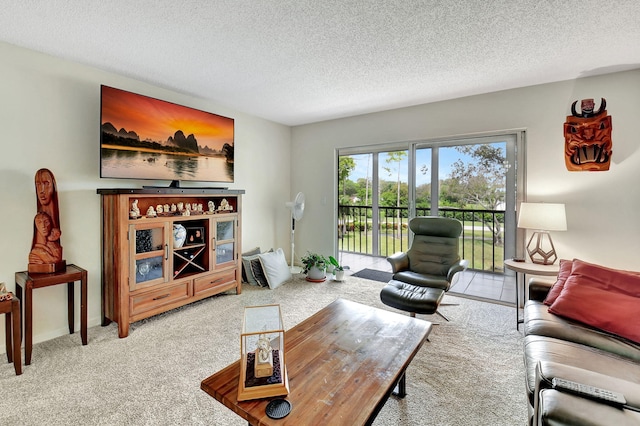 living room featuring a textured ceiling and light colored carpet