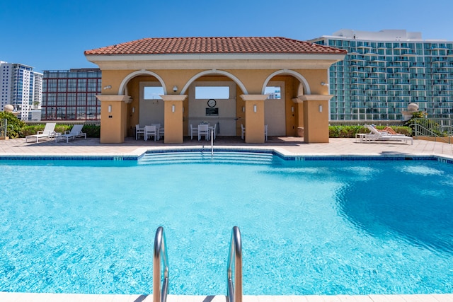 view of swimming pool with a patio area