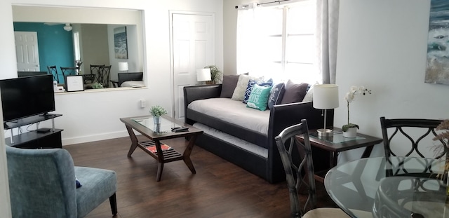 living room featuring dark wood-type flooring