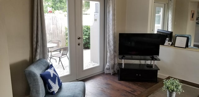 doorway with french doors, dark hardwood / wood-style flooring, and a healthy amount of sunlight