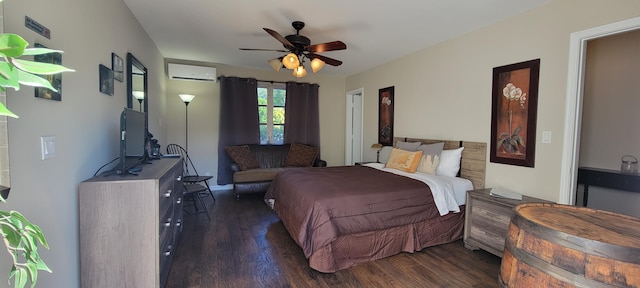 bedroom featuring ceiling fan, a wall mounted air conditioner, and dark hardwood / wood-style floors