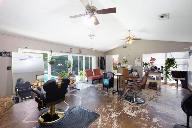 dining room featuring ceiling fan and vaulted ceiling