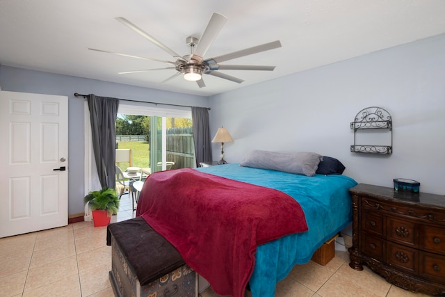 bedroom with ceiling fan and light tile flooring