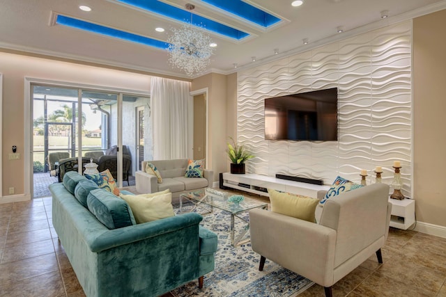 tiled living room with ornamental molding and a notable chandelier