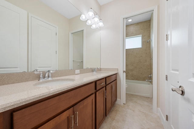 full bathroom featuring tiled shower / bath combo, dual bowl vanity, toilet, and tile floors