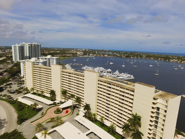 drone / aerial view with a water view