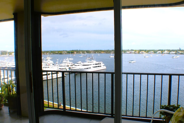 interior space with a water view