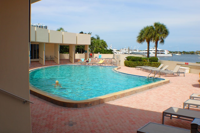 view of swimming pool featuring a patio area