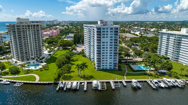 aerial view featuring a water view