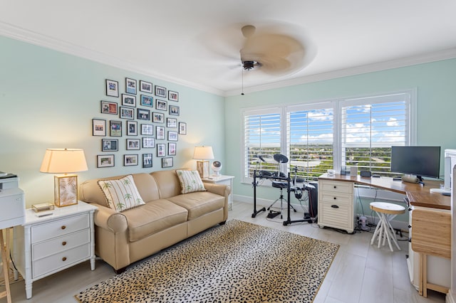 office featuring ceiling fan and crown molding