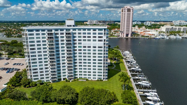 drone / aerial view with a water view