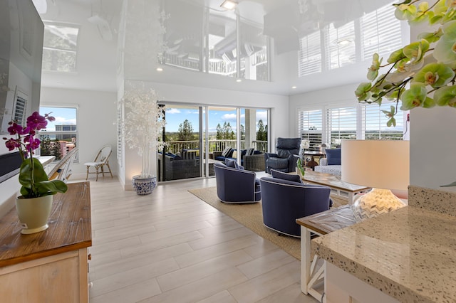 living room with light hardwood / wood-style floors and a high ceiling