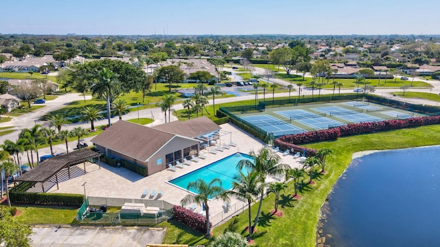 aerial view featuring a water view