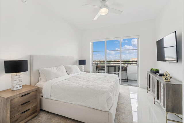 bedroom with ceiling fan and access to exterior