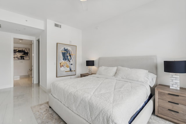 tiled bedroom with ceiling fan