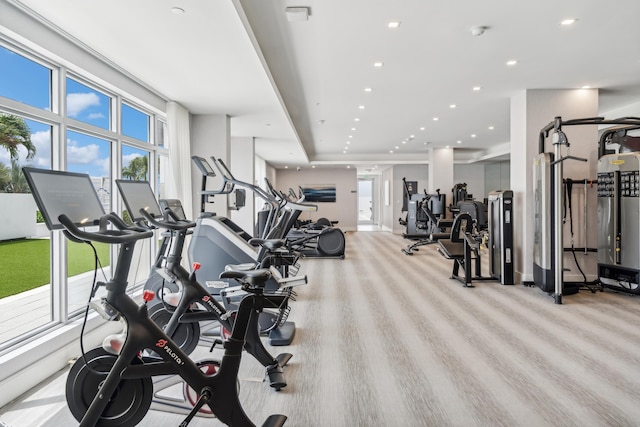 workout area featuring light wood-type flooring