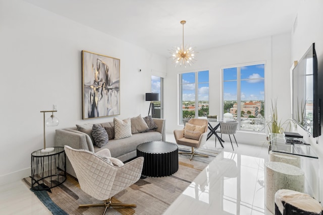 living room with a notable chandelier