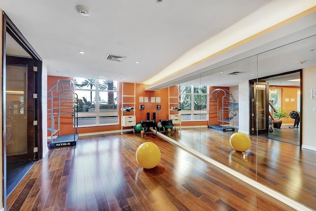 exercise room featuring dark wood-type flooring