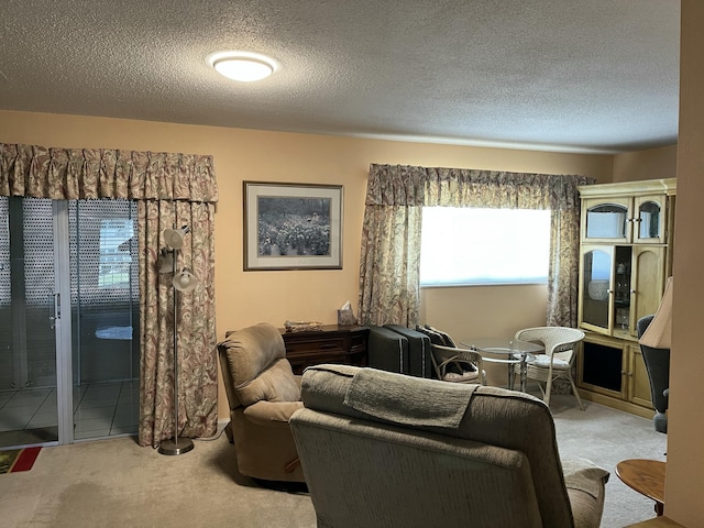 carpeted living room featuring a textured ceiling