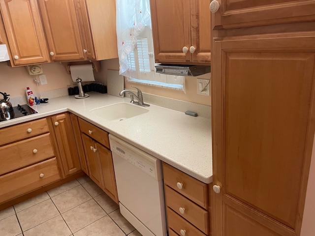 kitchen featuring black electric stovetop, light tile patterned floors, white dishwasher, and sink