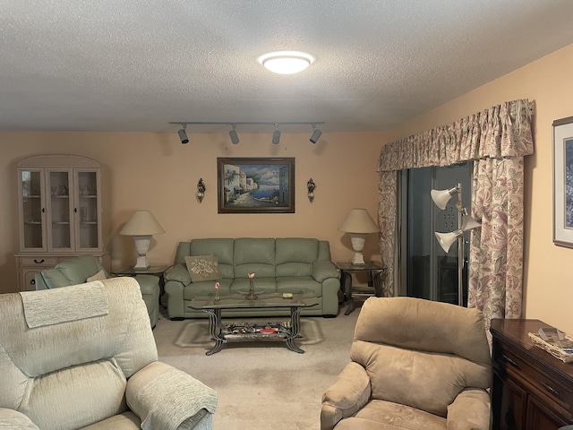 carpeted living room featuring rail lighting and a textured ceiling