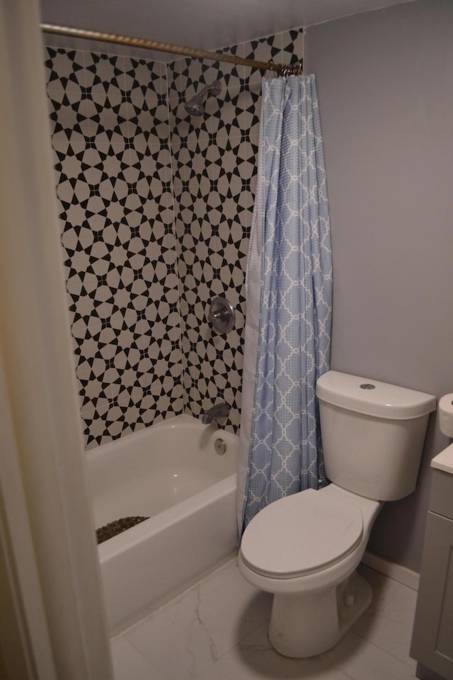 full bathroom with shower / bathtub combination with curtain, tile flooring, toilet, and vanity