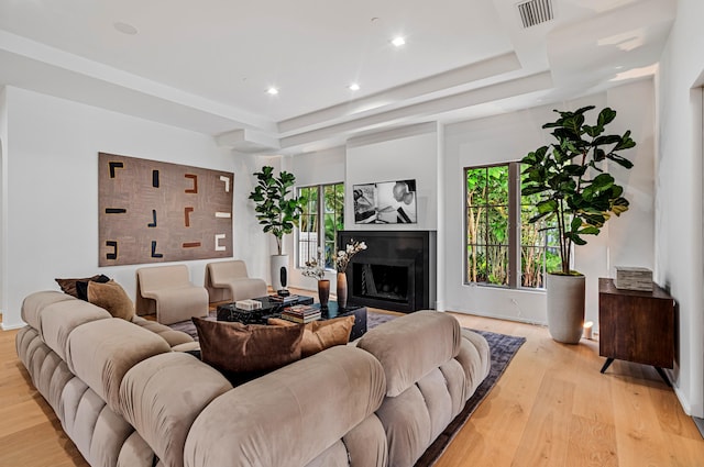 living room with a tray ceiling, a high end fireplace, and light hardwood / wood-style floors