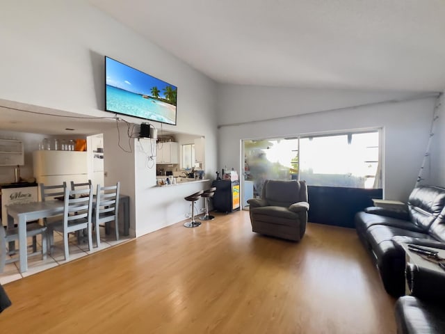 living room with light hardwood / wood-style floors and lofted ceiling