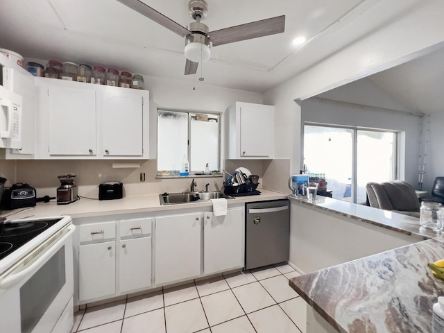 kitchen featuring white cabinets, ceiling fan, white appliances, and light tile floors