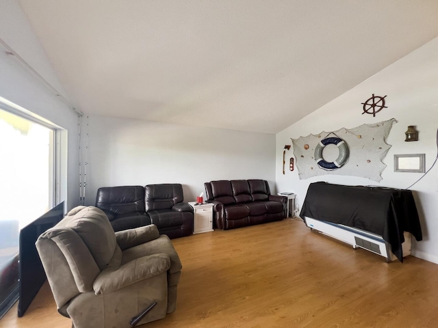 living room featuring lofted ceiling and light hardwood / wood-style floors