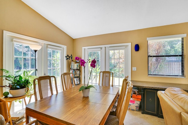 dining space featuring a wealth of natural light and vaulted ceiling