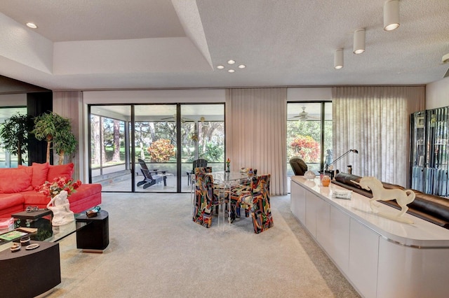 interior space featuring a raised ceiling, ceiling fan, and a textured ceiling