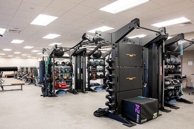 exercise room with carpet flooring and a drop ceiling