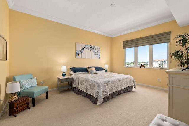 carpeted bedroom with ornamental molding