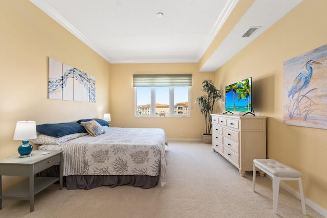 bedroom featuring light carpet and ornamental molding