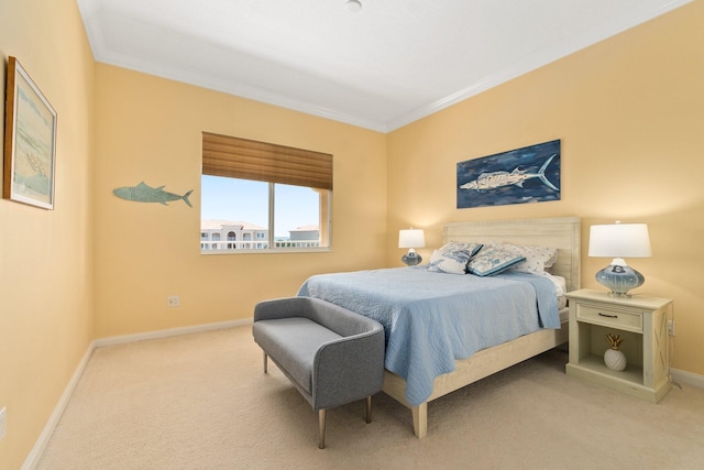 bedroom with light carpet and ornamental molding