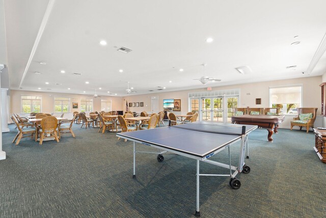 rec room featuring ceiling fan, french doors, billiards, and dark colored carpet