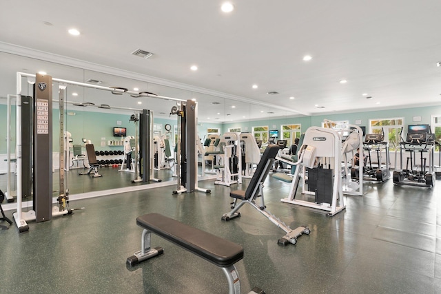 exercise room with a healthy amount of sunlight and crown molding