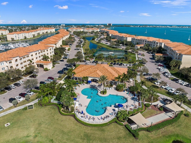 bird's eye view with a water view