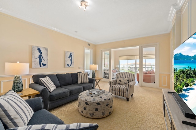 carpeted living room featuring ornamental molding