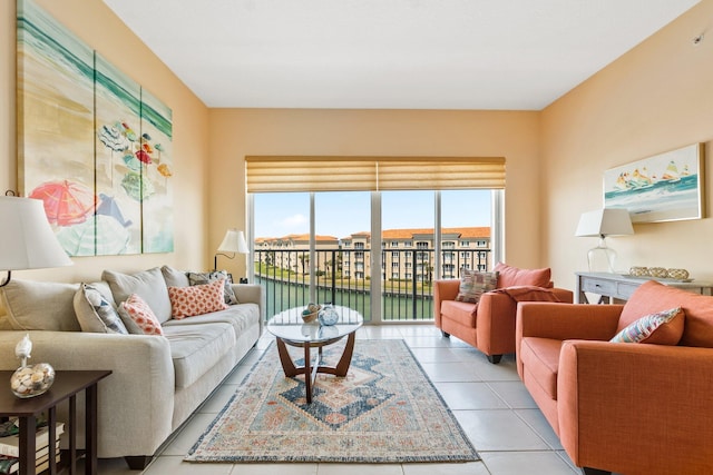 tiled living room featuring a healthy amount of sunlight