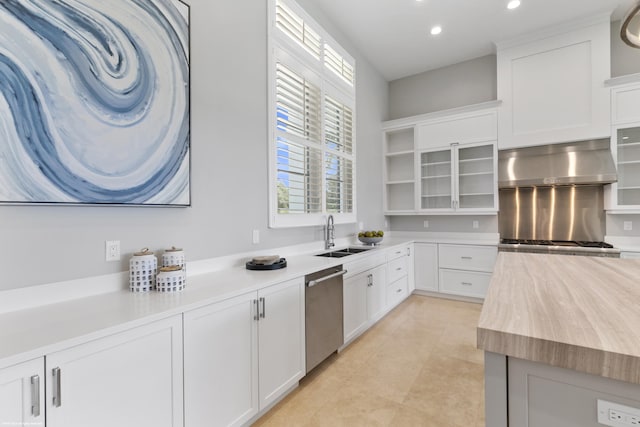 kitchen with white cabinetry, stainless steel dishwasher, and exhaust hood