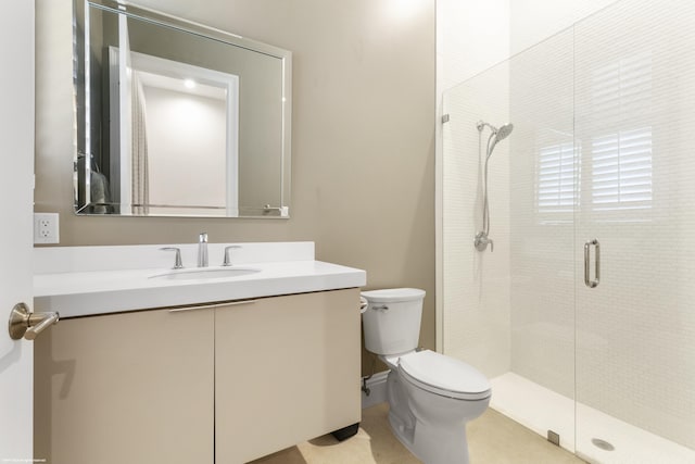 bathroom with vanity, an enclosed shower, and toilet