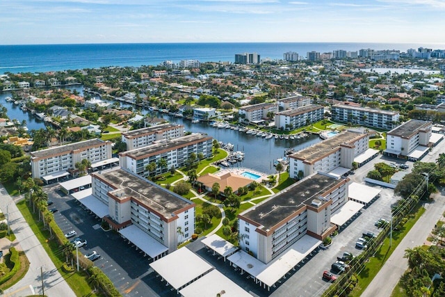 aerial view featuring a water view