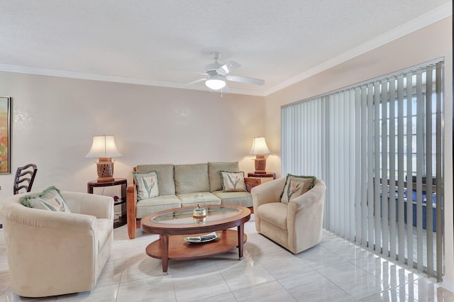 tiled living room featuring ceiling fan, crown molding, and a textured ceiling