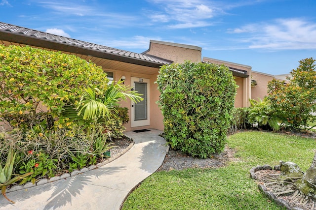 property entrance with a yard