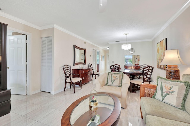 tiled living room with a textured ceiling, a chandelier, and ornamental molding